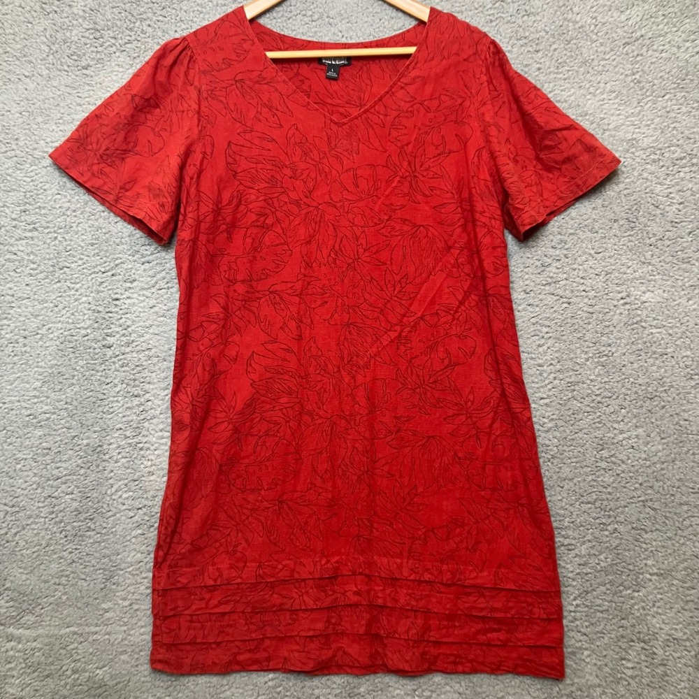 VTG Nicole Miller Original Shift Dress Women L Red Tropical Coastal Linen V-Neck